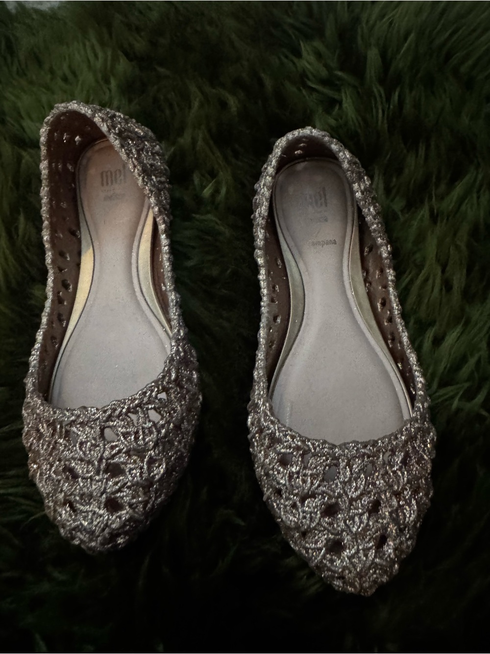 Mini Melissa Girls' Glitter Crochet Pointed Flats - Metallic Rose Gold size 13